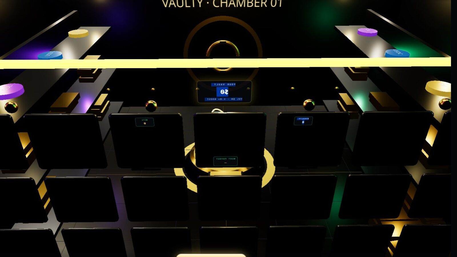 Inside-the-vault POV with stacked vault deposit boxes and your vault HUD