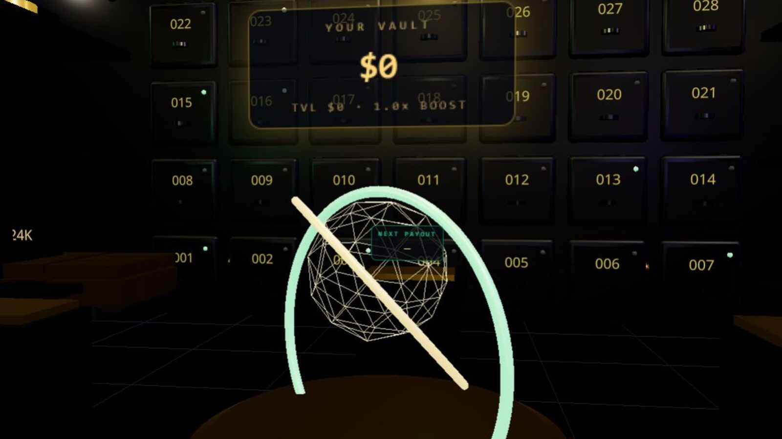 Deep interior of vault chamber showing numbered safety deposit grid